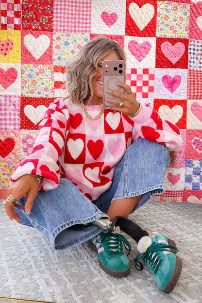 Cherry Heart Knit Sweater, Pink/Red