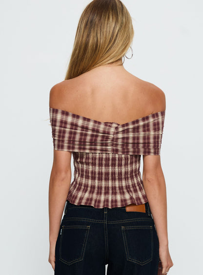 Avalynn Off Shoulder Shirred Top Brown Check