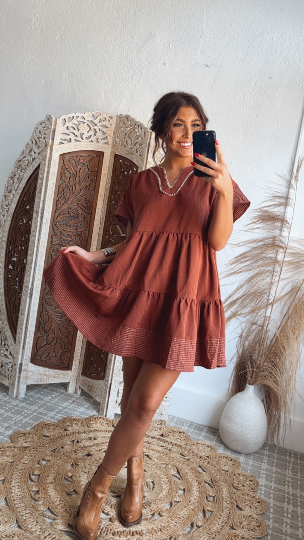 Emmy V Neck Embroidered Mini Dress, Rust