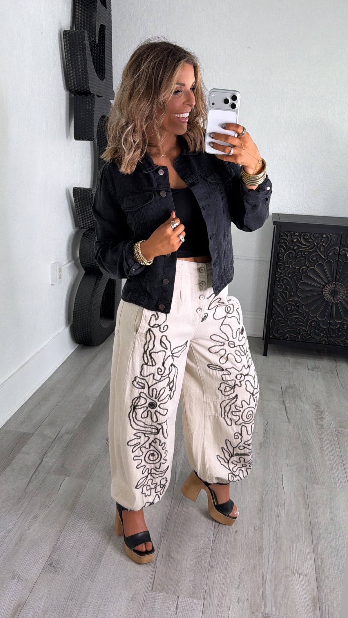 For The Love Of Floral Embroidered Denim Jogger, Oatmilk