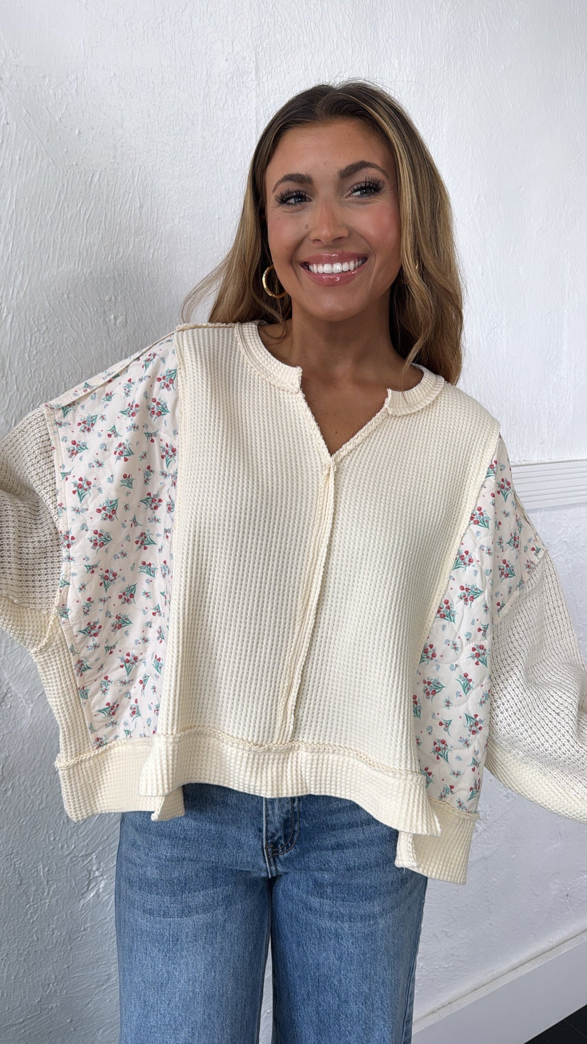 POL Floral Sleeve Sweater, Cream