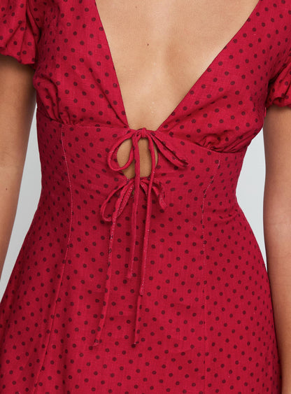 Beloved Puff Sleeve Linen Blend Mini Dress Red Polka
