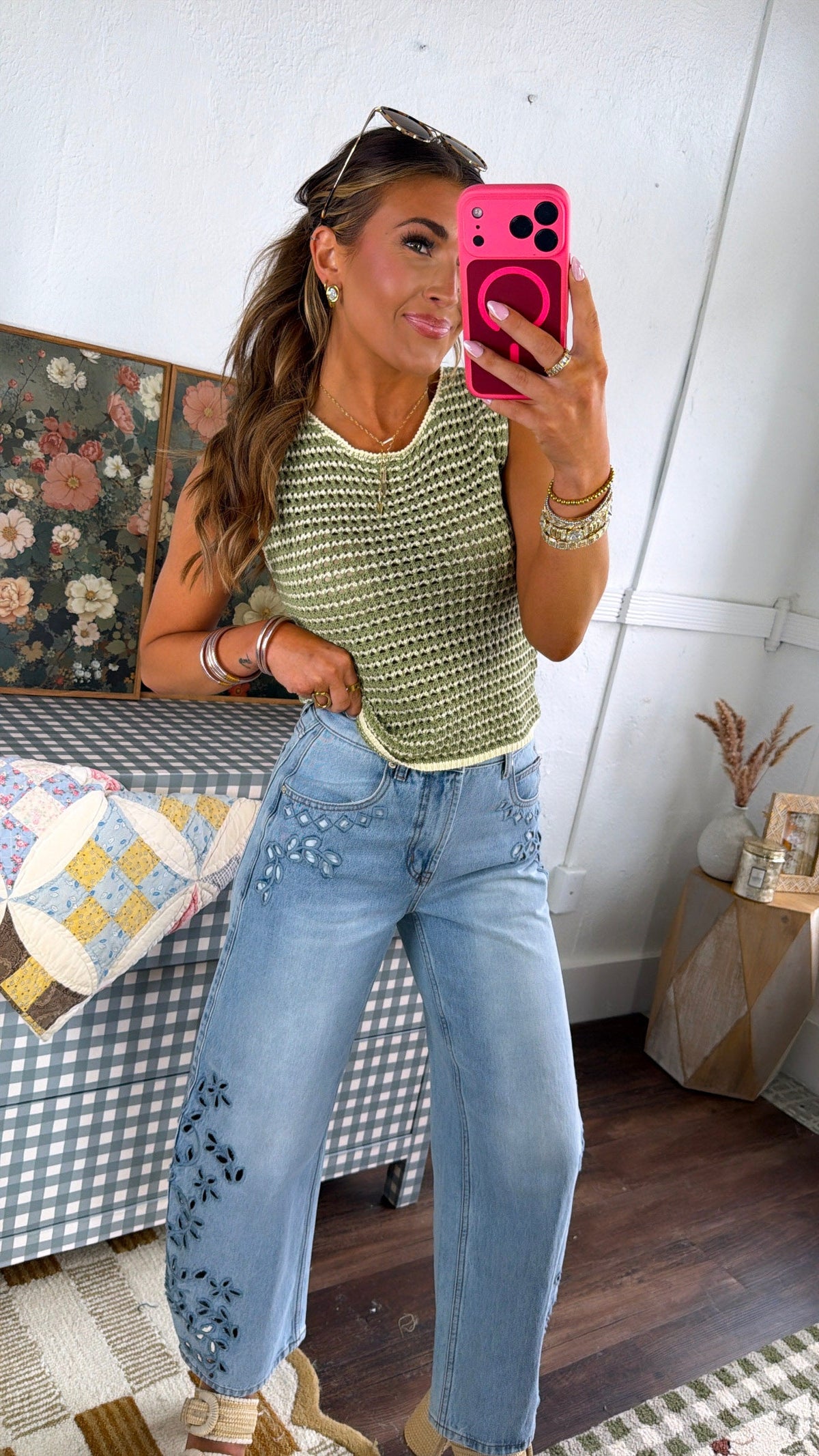 Honey Crush Crochet Sweater Tank, Sage Lemon