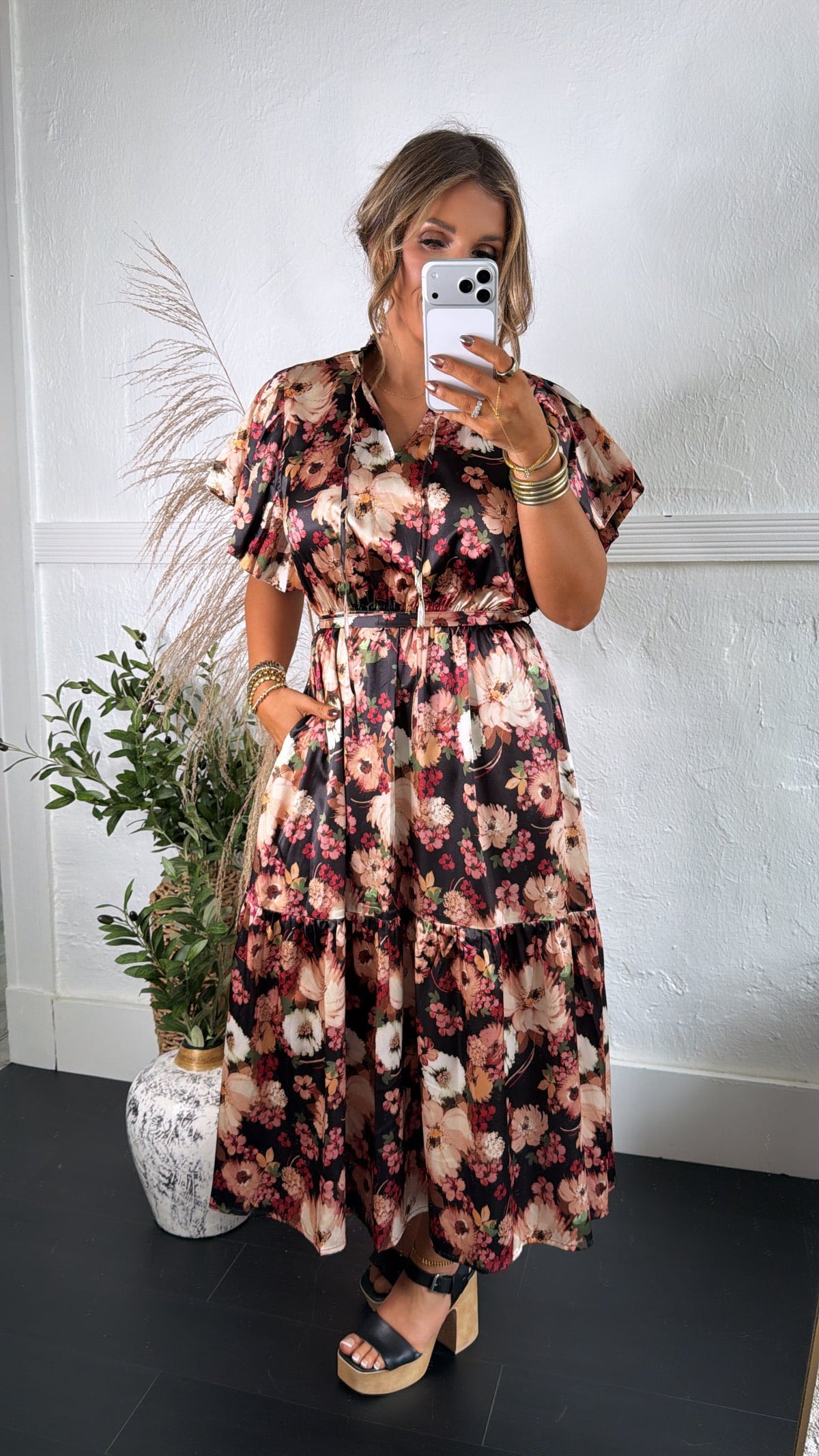 Dusky Petal Midi Dress, Black Multi