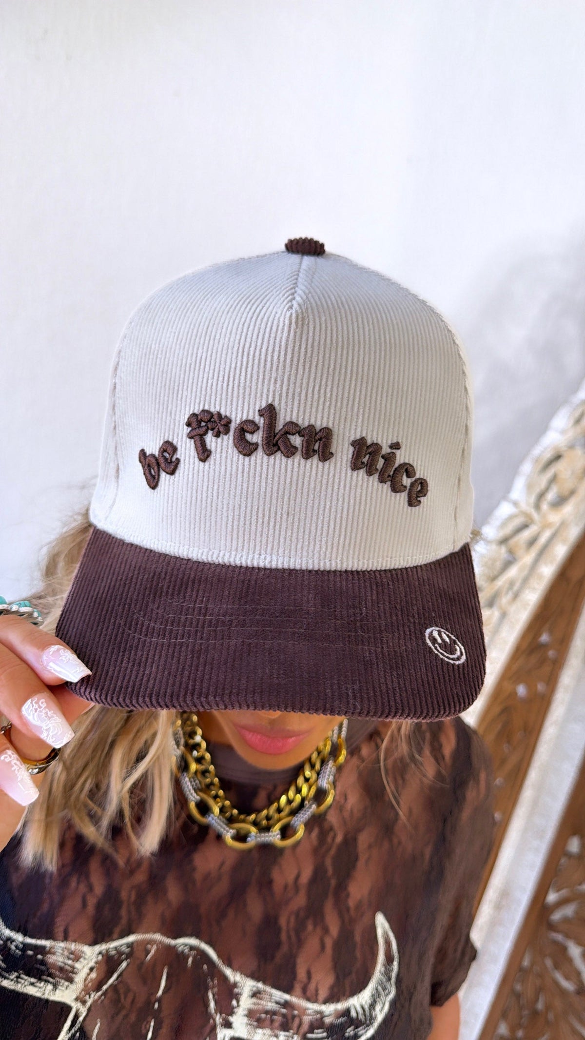 Be F***n Nice Trucker Hat, Brown Corduroy/Natural Corduroy