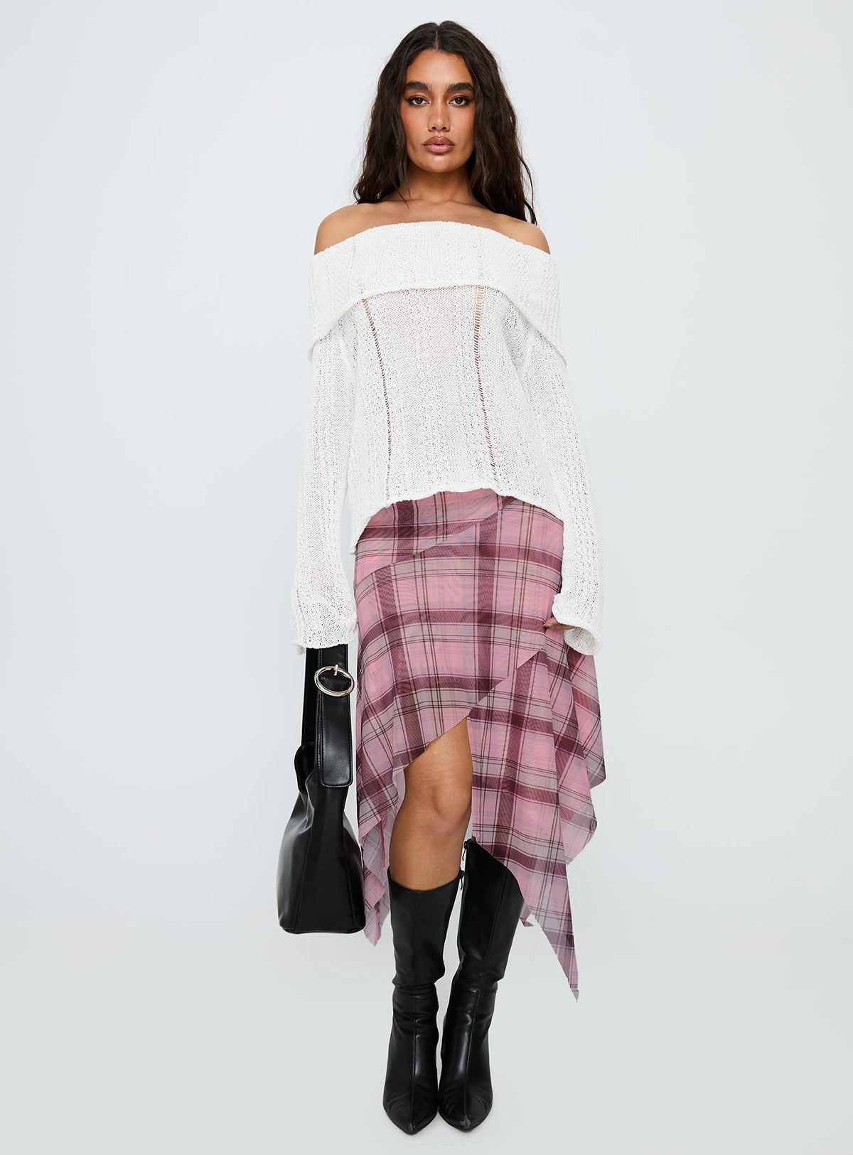 Anali Asymmetrical Midi Skirt Pink / Multi Check