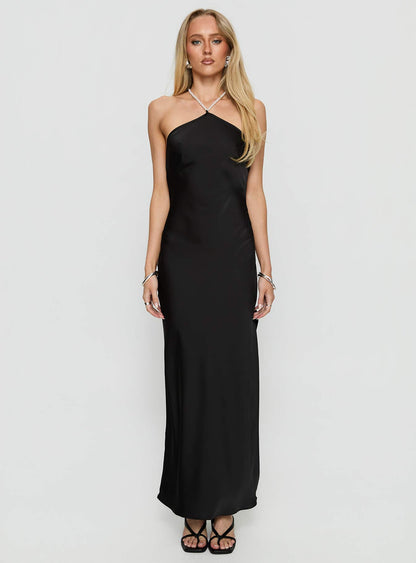 Beverie Pearl Halter Maxi Dress Black