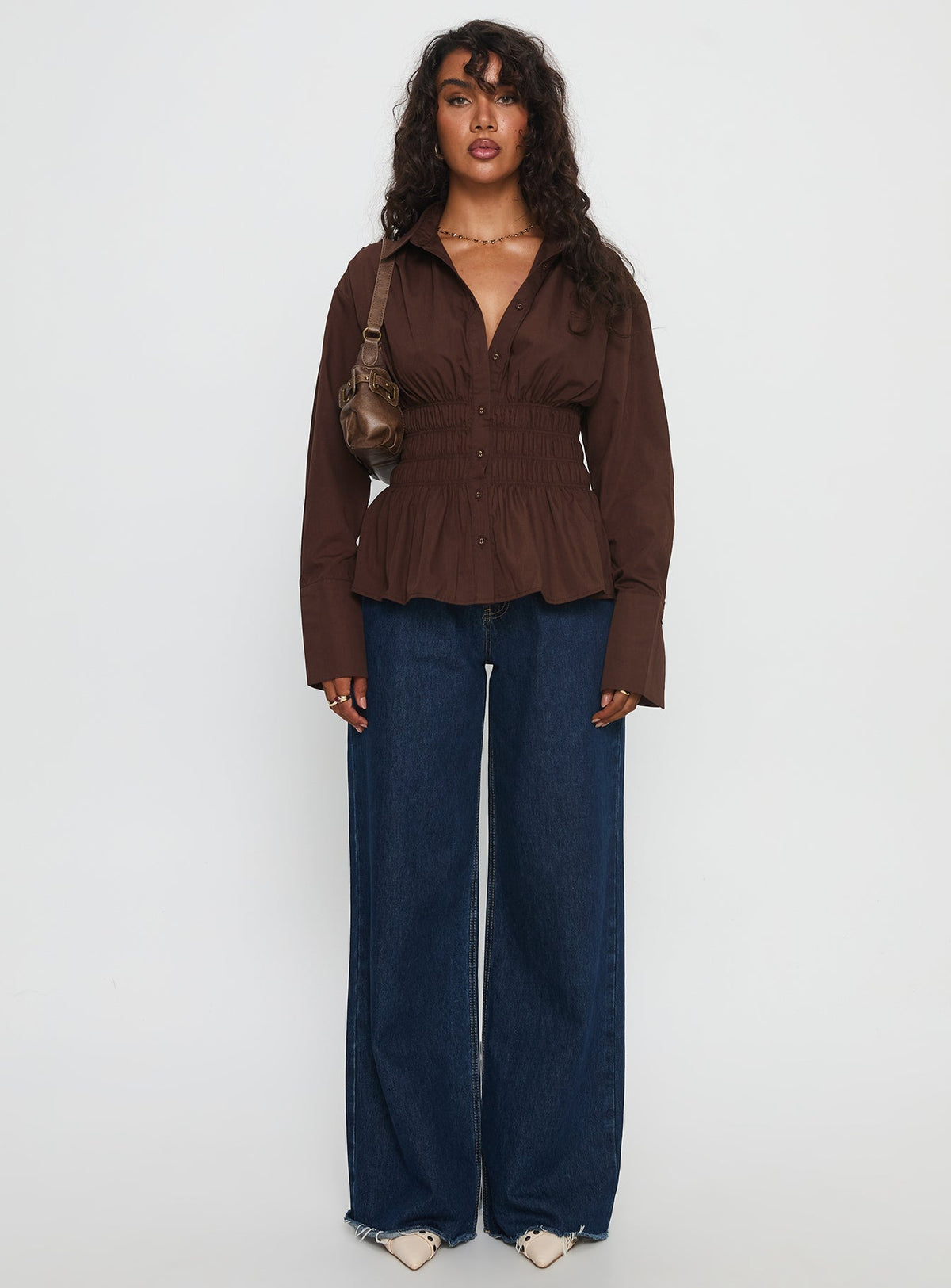 As You Are Shirred Button Up Top Chocolate