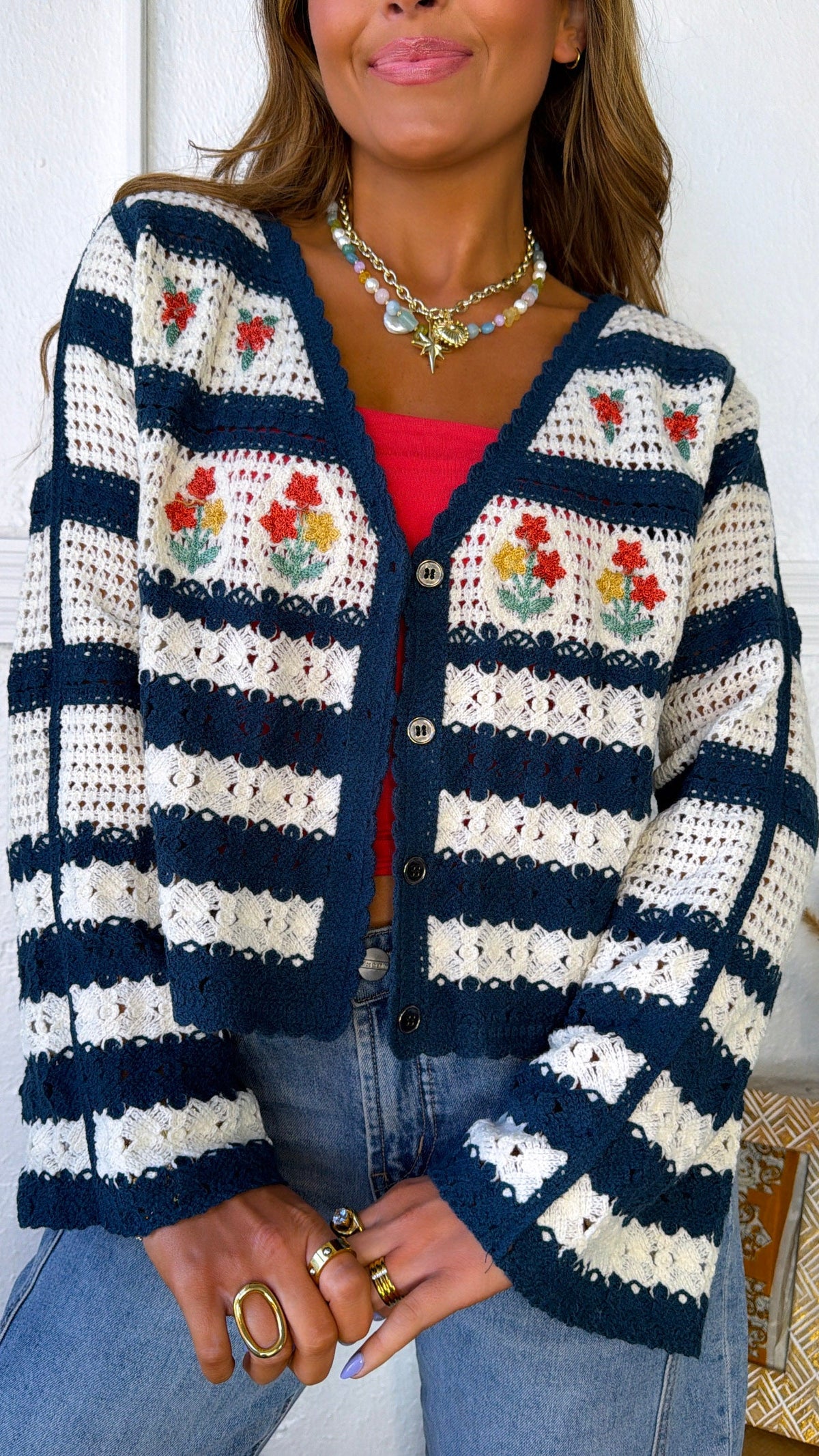 Flower Sprout Knit Cardigan, Navy Multi