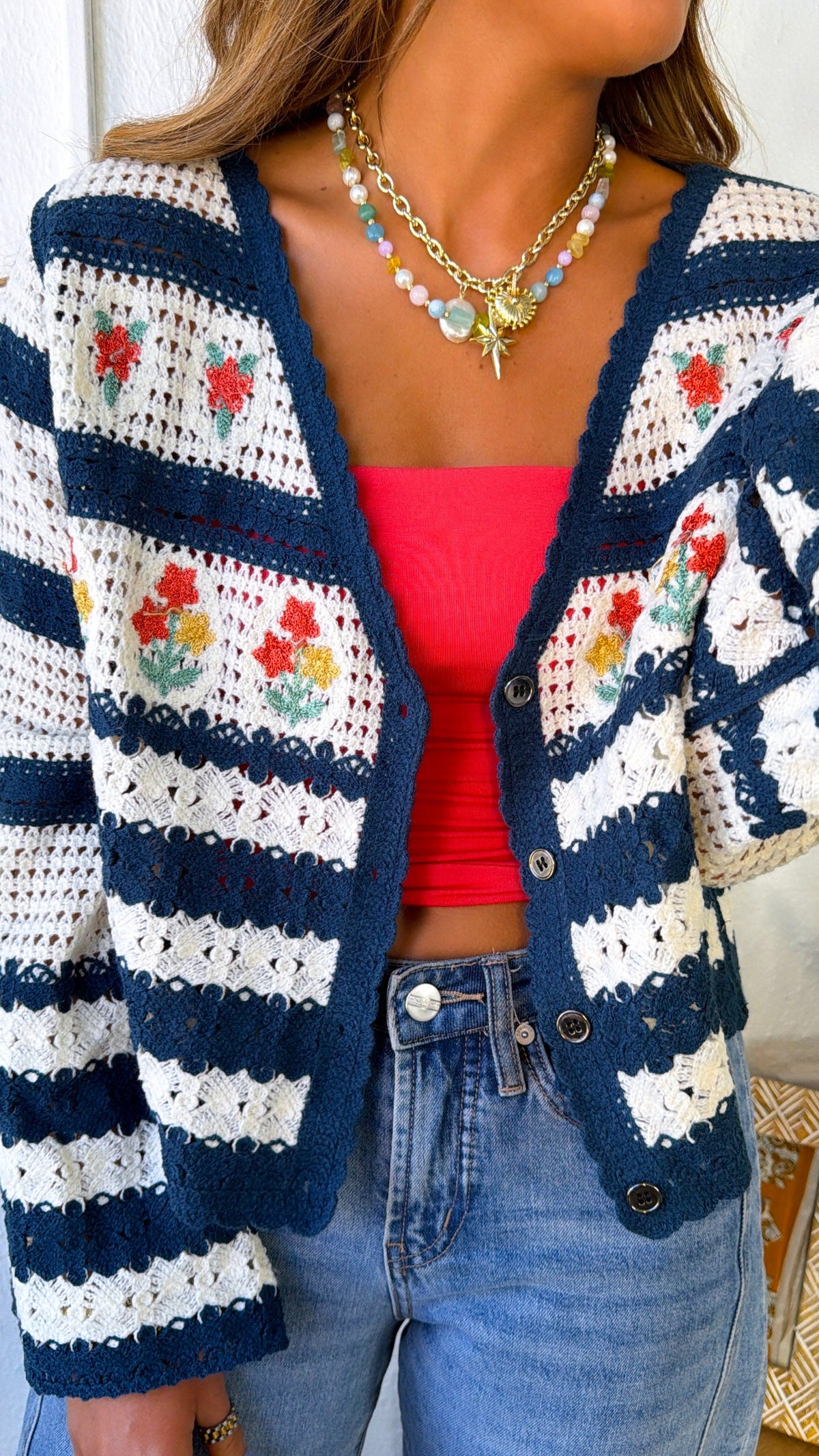 Flower Sprout Knit Cardigan, Navy Multi