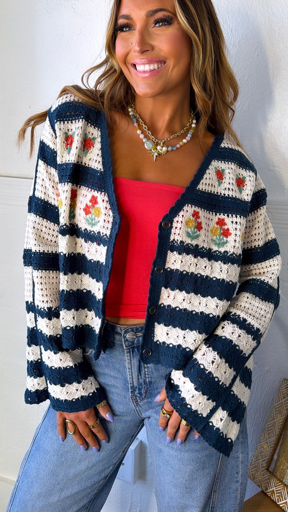 Flower Sprout Knit Cardigan, Navy Multi