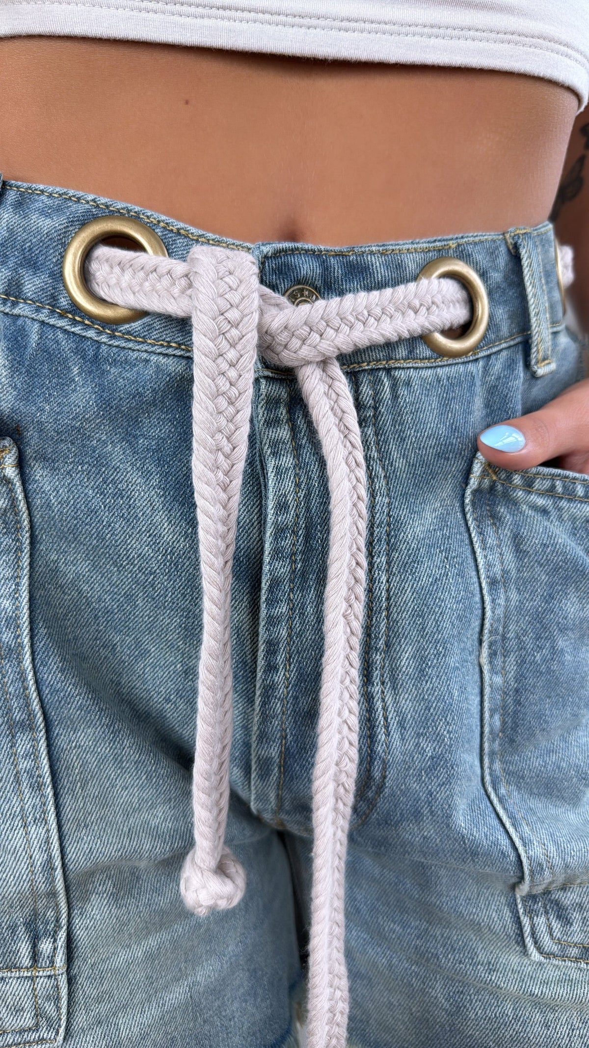 New Point Of View Braided Belt Shorts, Denim