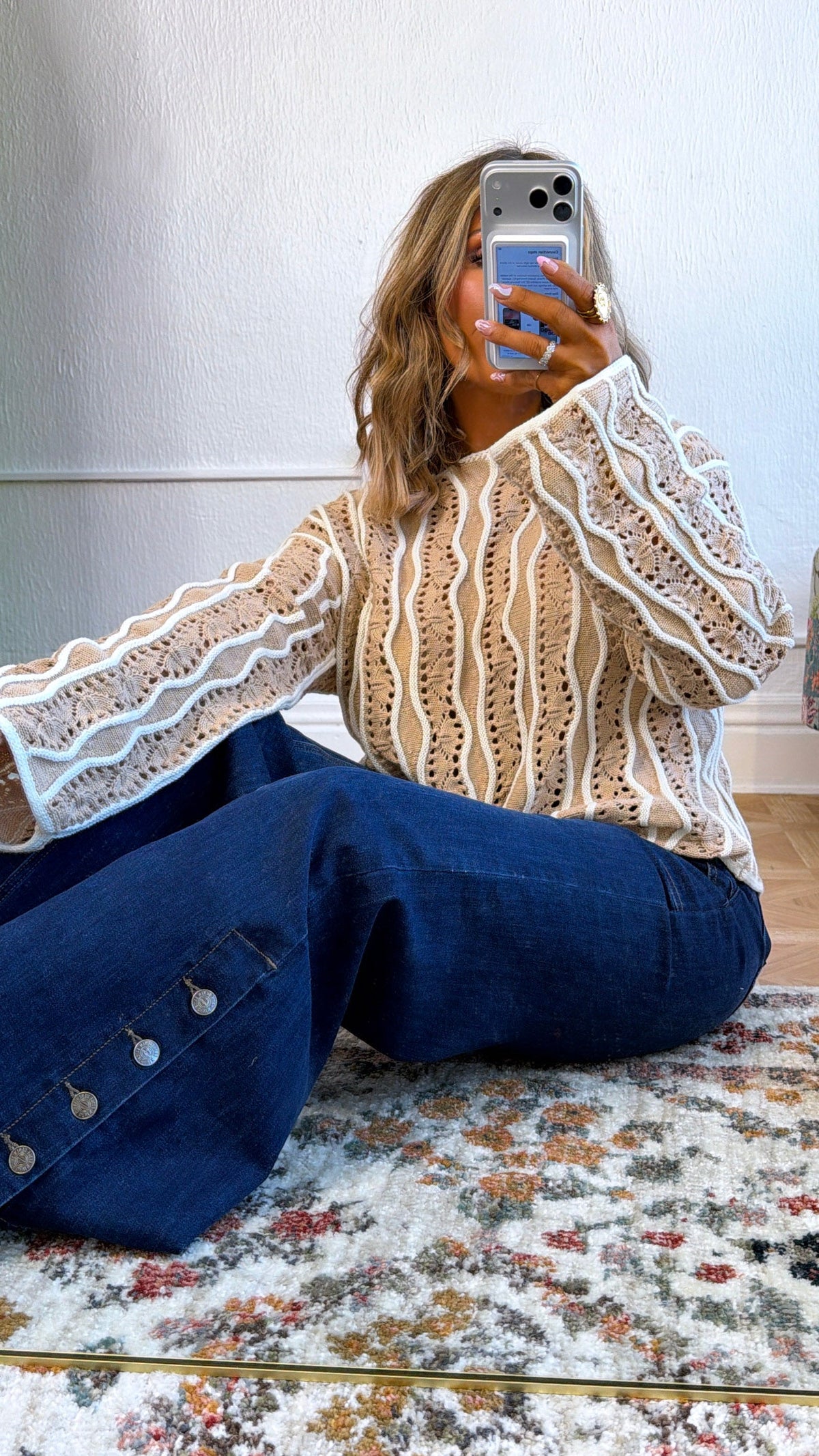 Open Sand Swirly Striped Sweater, Beige