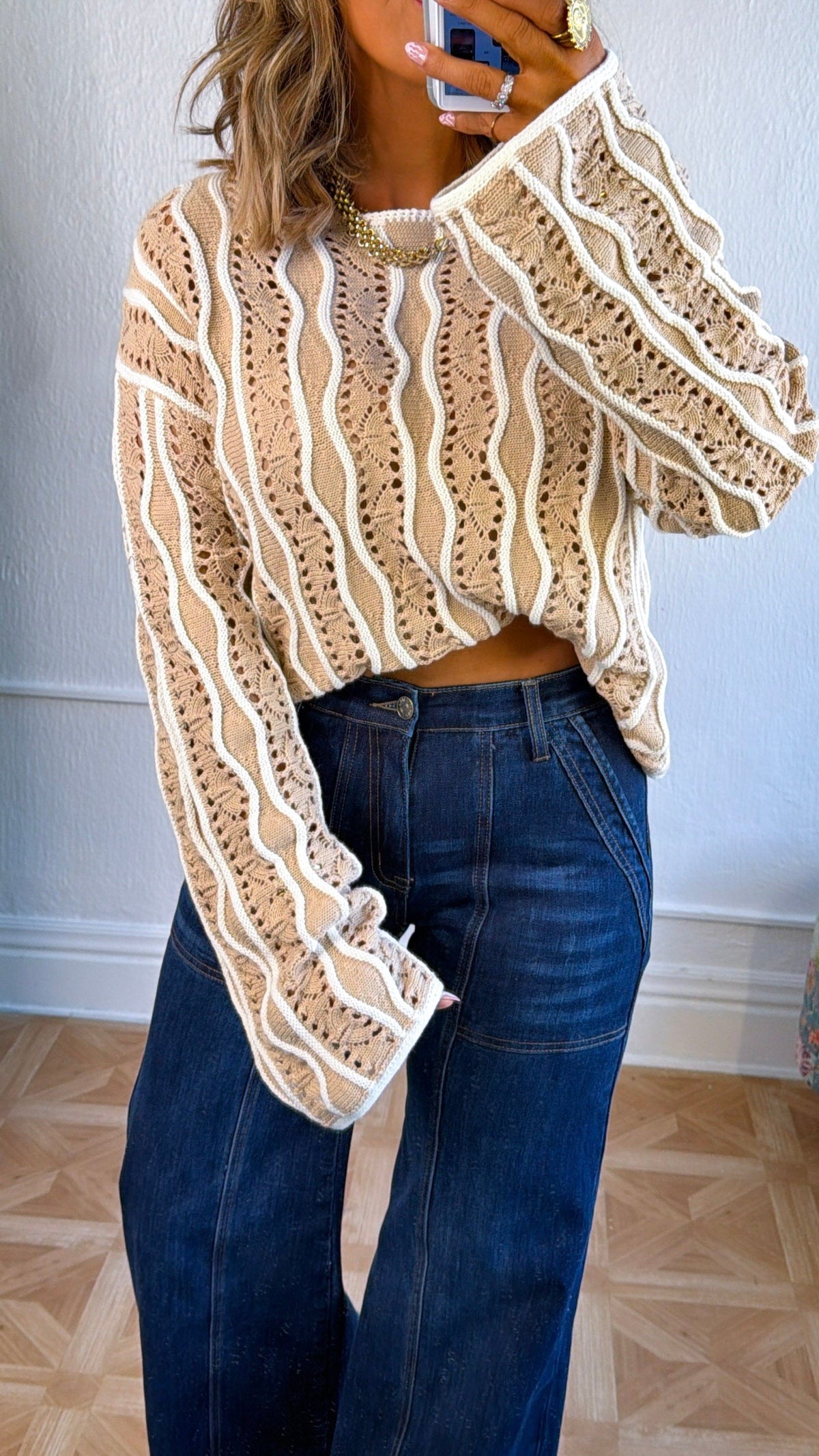 Open Sand Swirly Striped Sweater, Beige