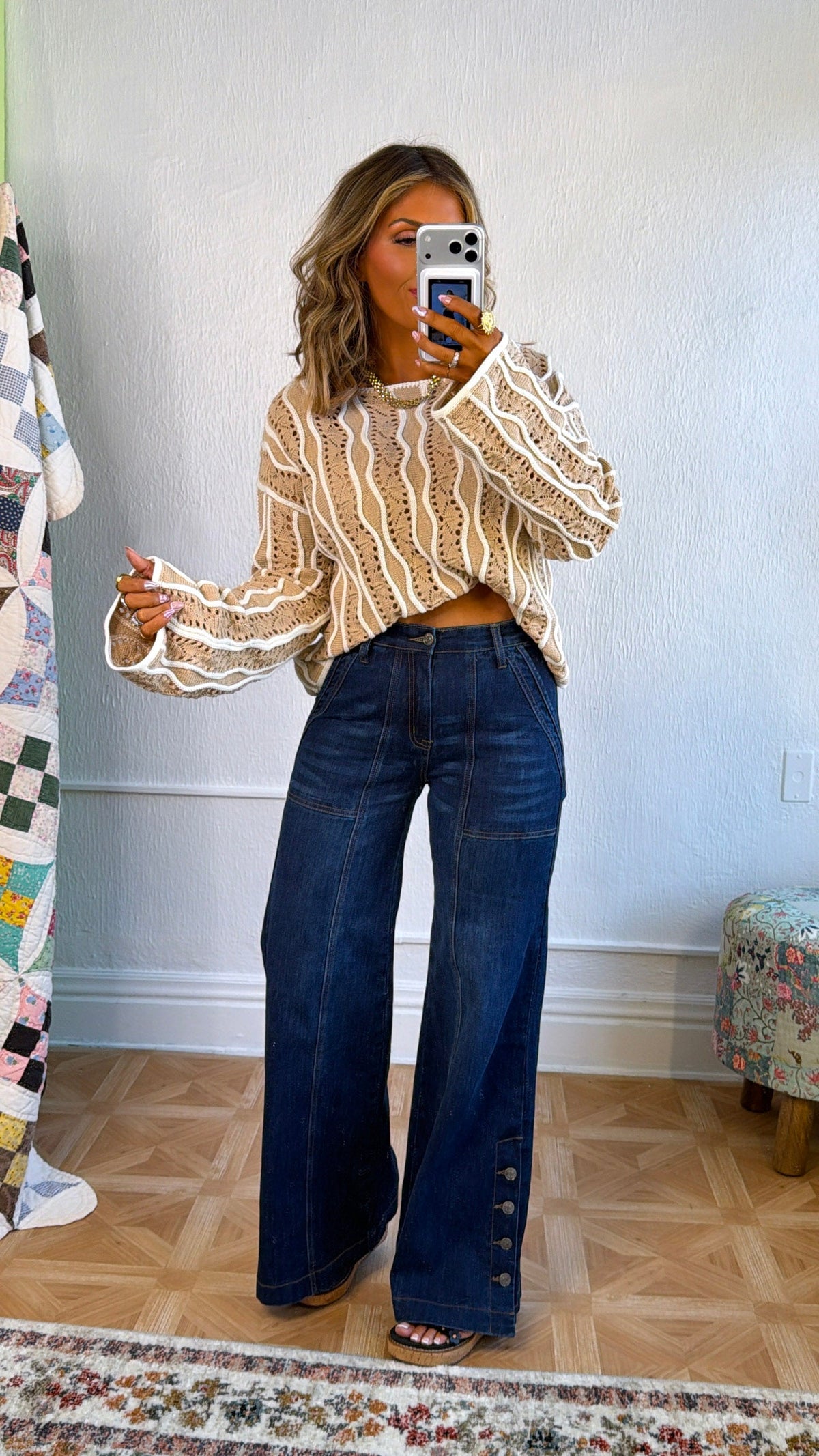 Open Sand Swirly Striped Sweater, Beige