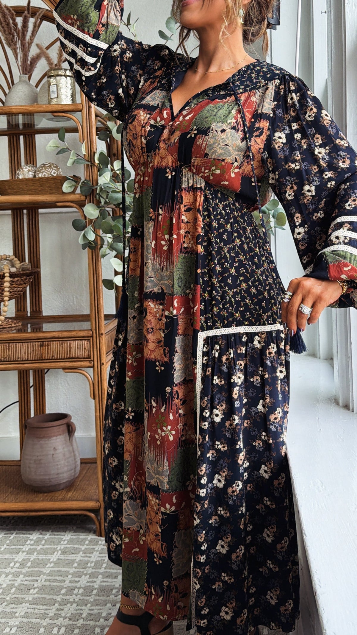 Amber Patch Midi Dress, Navy Multi