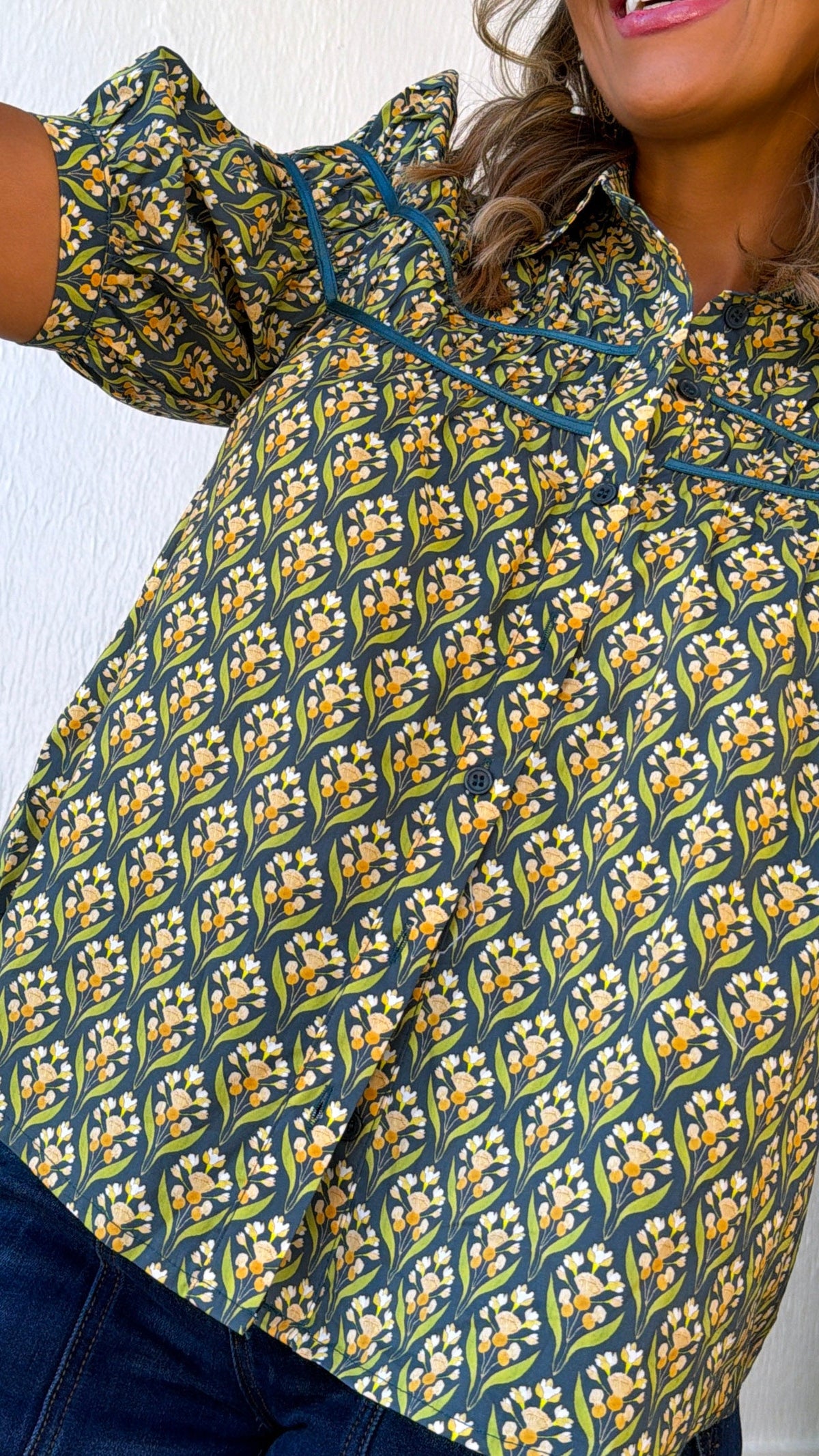 Dried Fields Puff Sleeve Blouse, Teal Green Multi