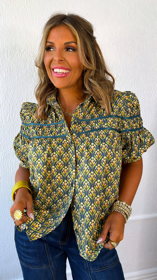 Dried Fields Puff Sleeve Blouse, Teal Green Multi