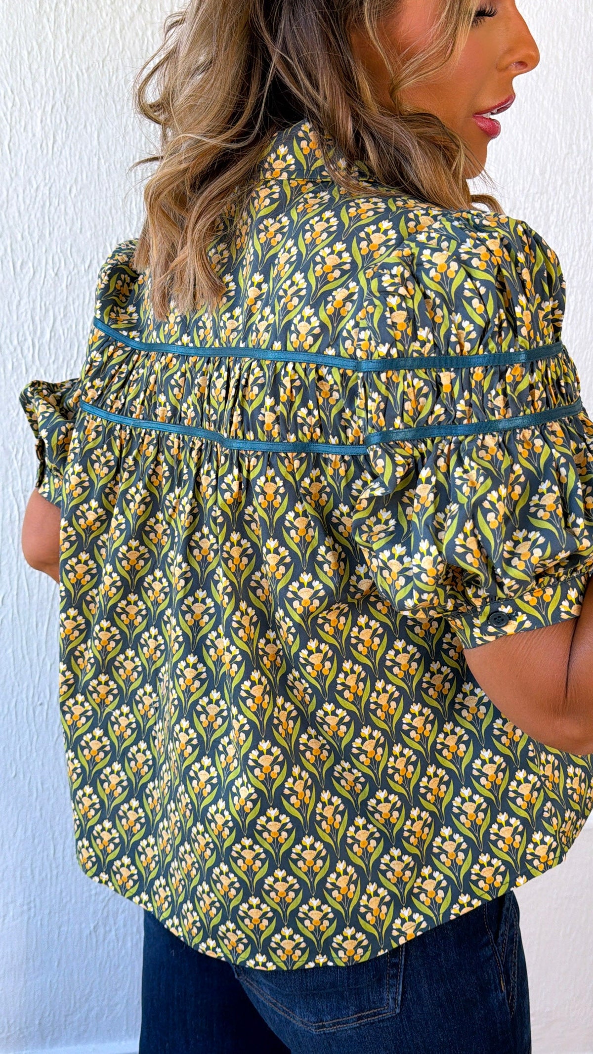Dried Fields Puff Sleeve Blouse, Teal Green Multi