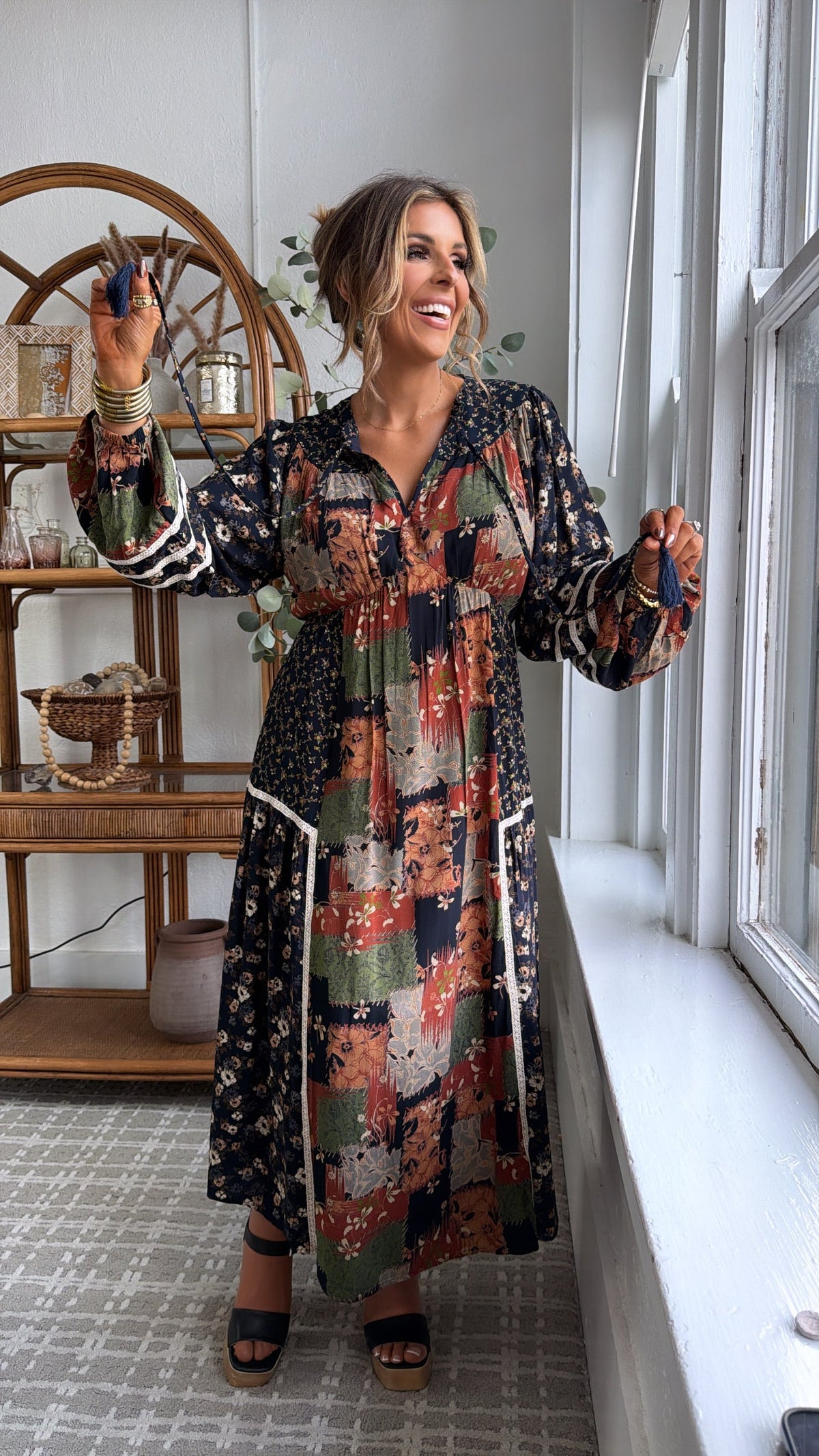 Amber Patch Midi Dress, Navy Multi