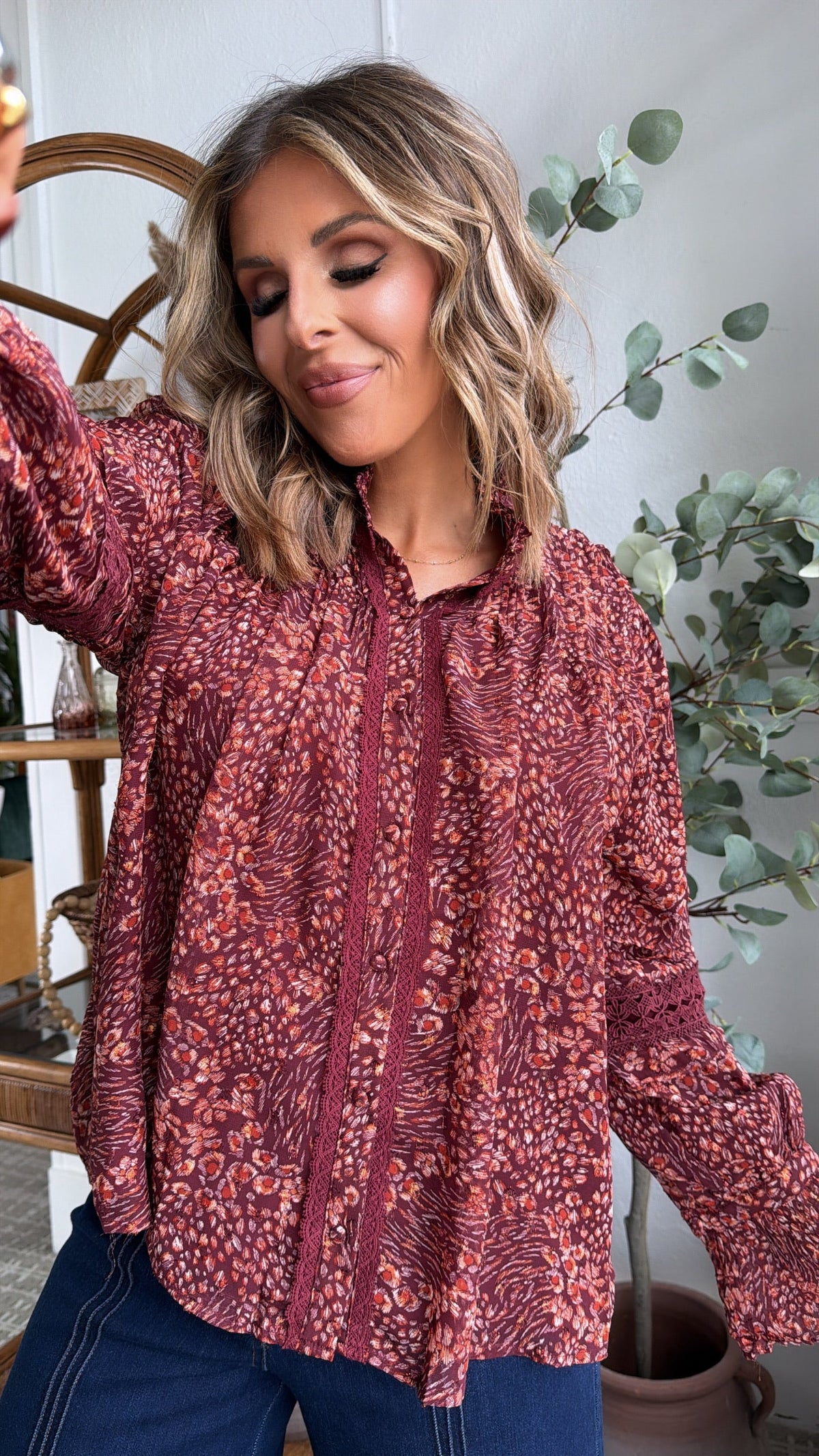 Evelora Floral Printed Blouse, Deep Burgundy