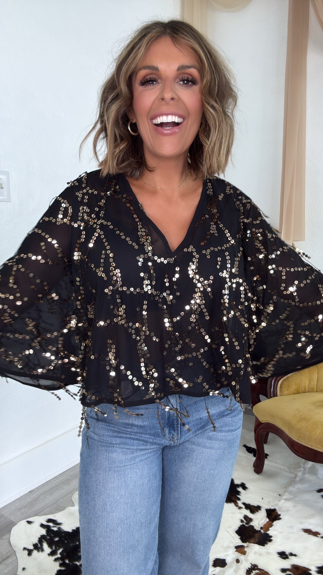 Glitz Sequin Mesh Top, Black