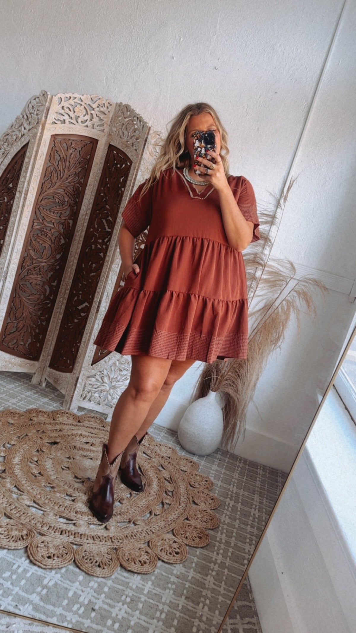 Emmy V Neck Embroidered Mini Dress, Rust
