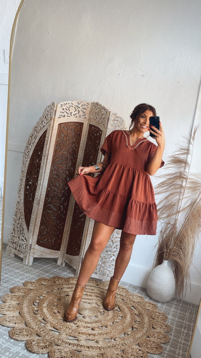 Emmy V Neck Embroidered Mini Dress, Rust