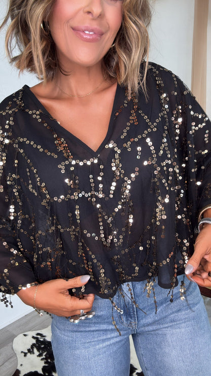 Glitz Sequin Mesh Top, Black