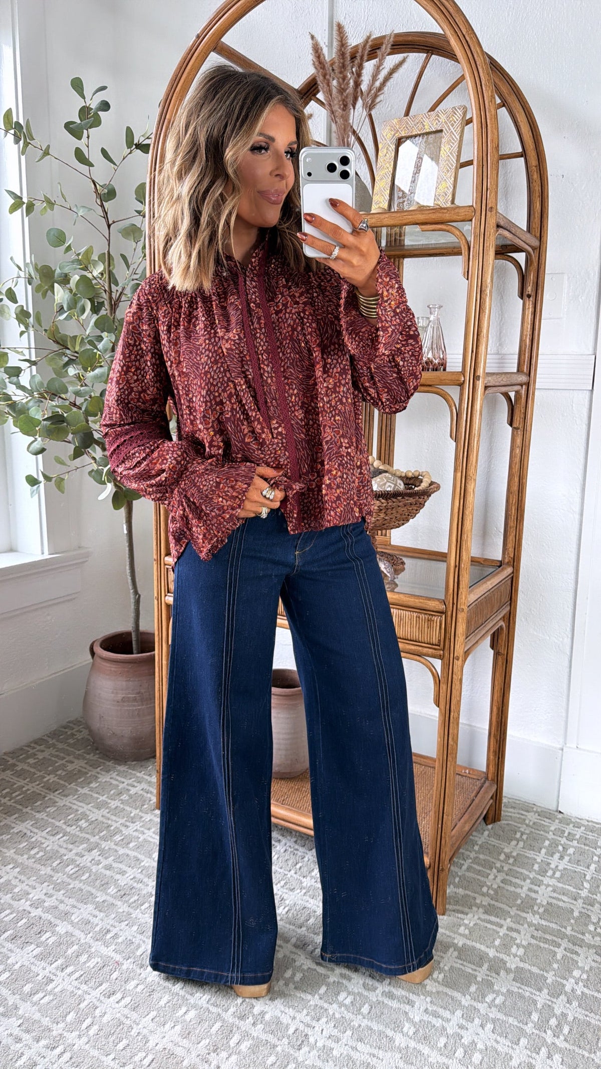 Evelora Floral Printed Blouse, Deep Burgundy