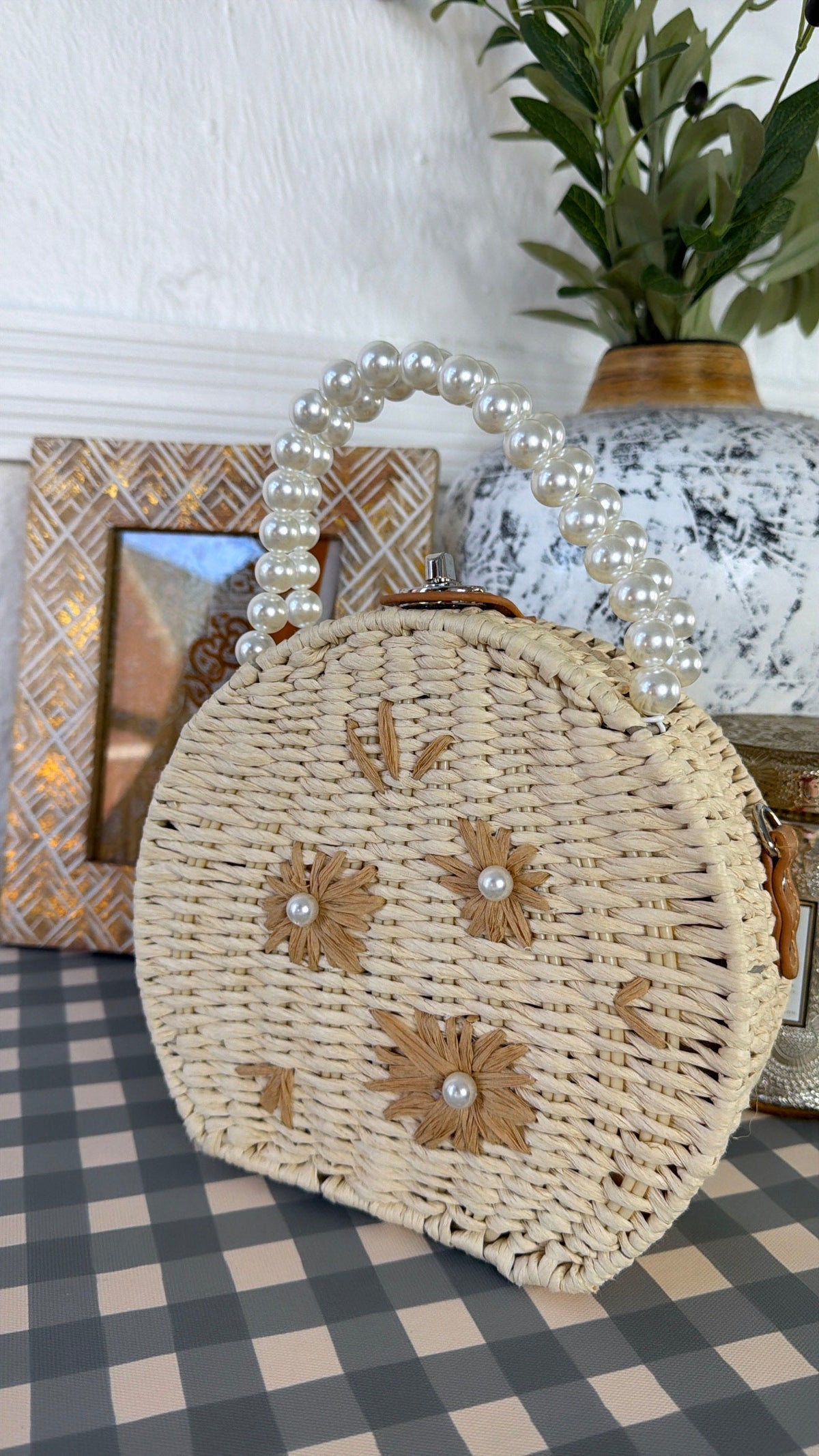 Pearl Flower Handbag, Beige