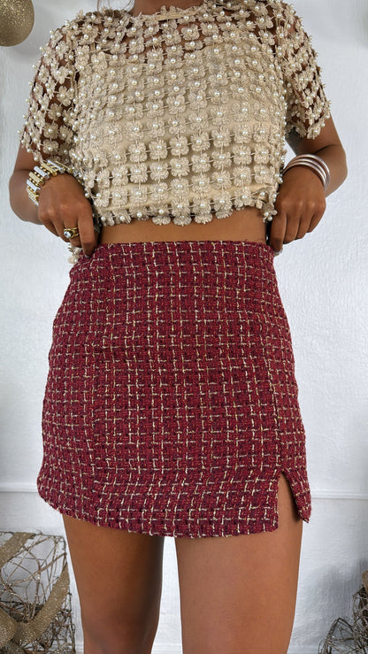 All Things Glisten Tweed Skirt , Wine