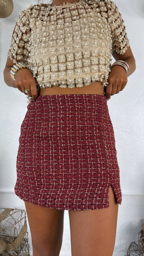 All Things Glisten Tweed Skirt , Wine