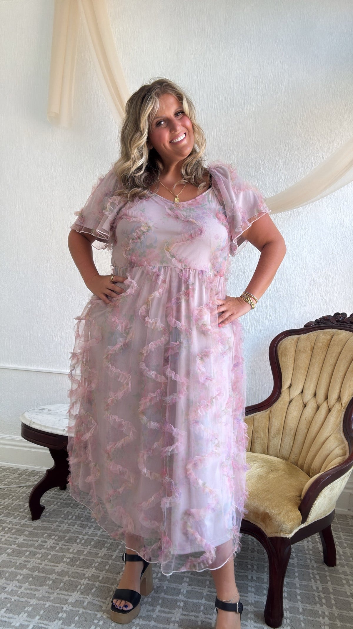Floral Tulle Maxi Dress, Pink
