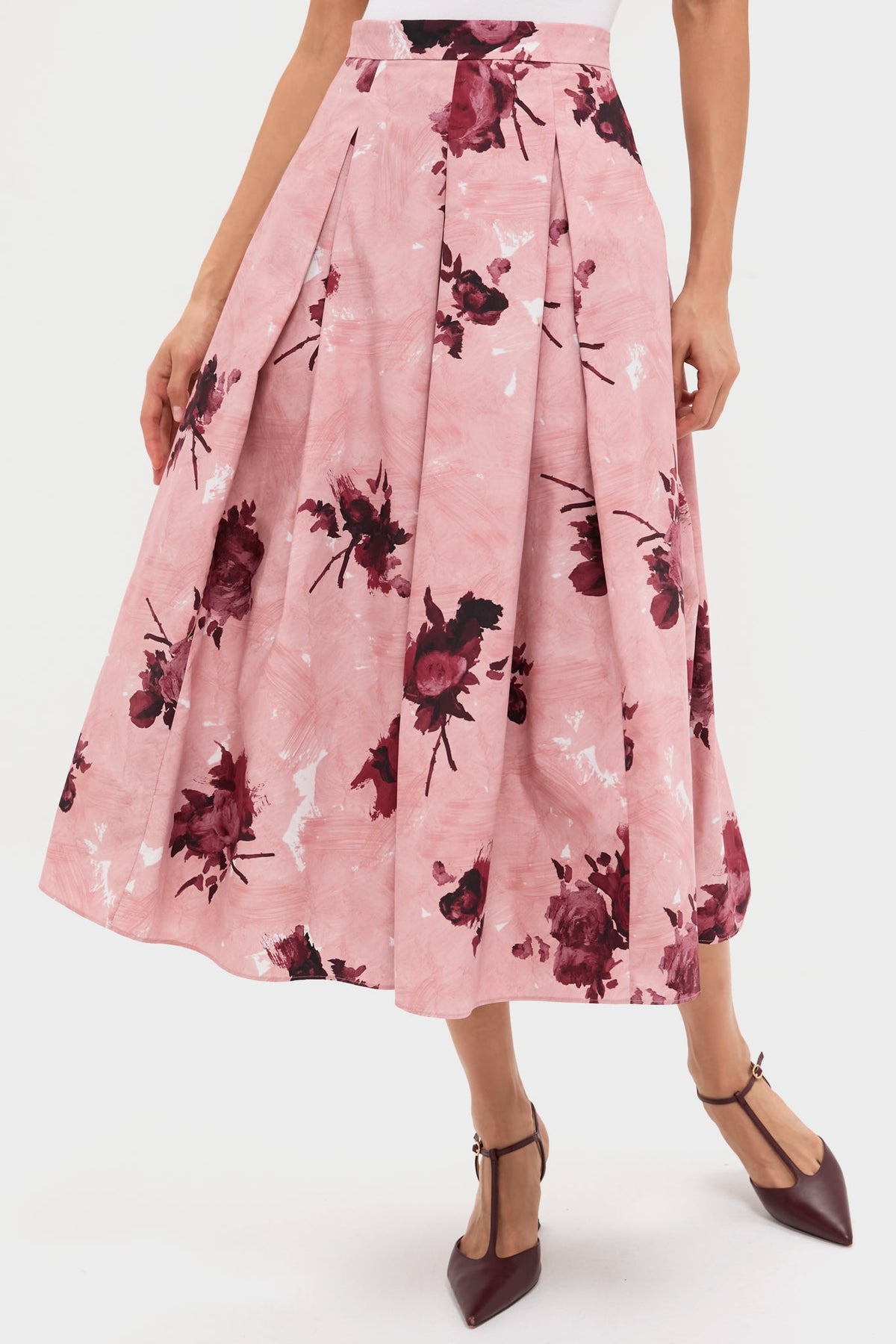 Abstract Rose Slipper Pink Pleated Midi Skirt