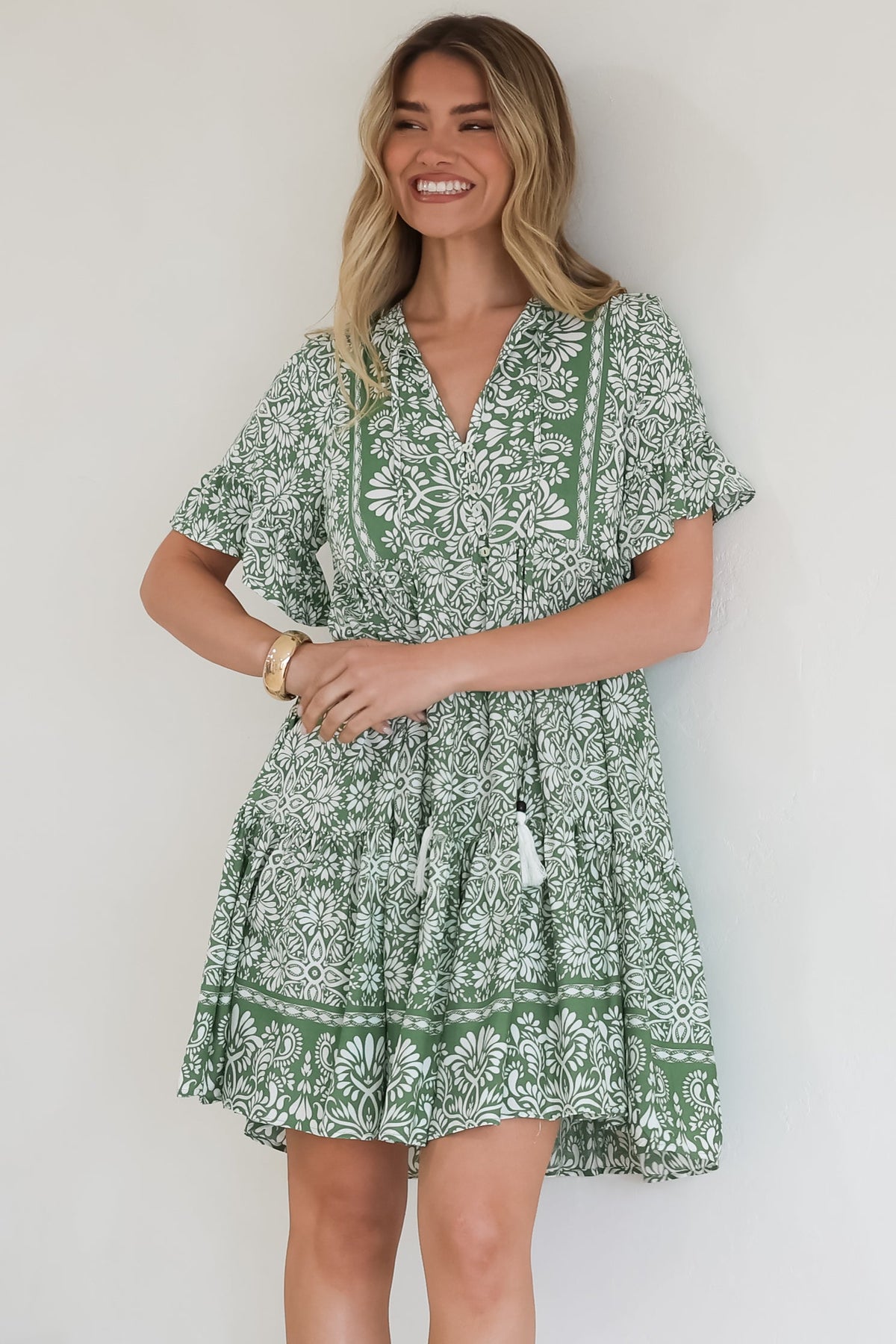 Abilia Mini Dress - Mandarin Collar Smock Dress in Harley Print Green