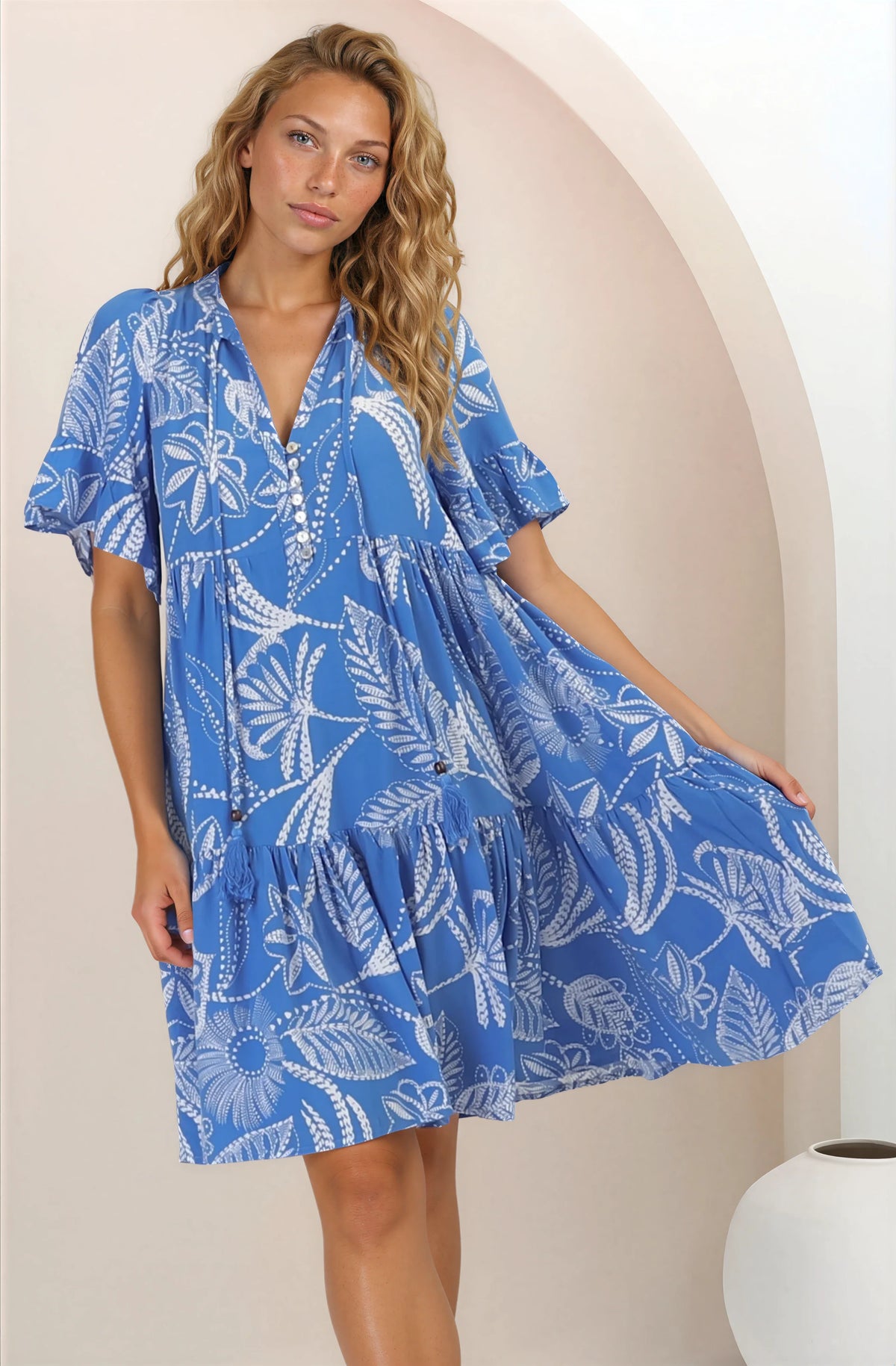 Abilia Mini Dress - Mandarin Collar Buttoned Bodice Smock Dress in Havanna Print in Blue