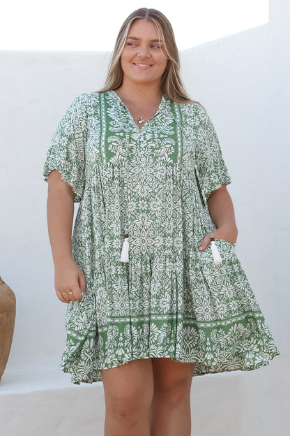 Abilia Mini Dress - Mandarin Collar Smock Dress in Harley Print Green
