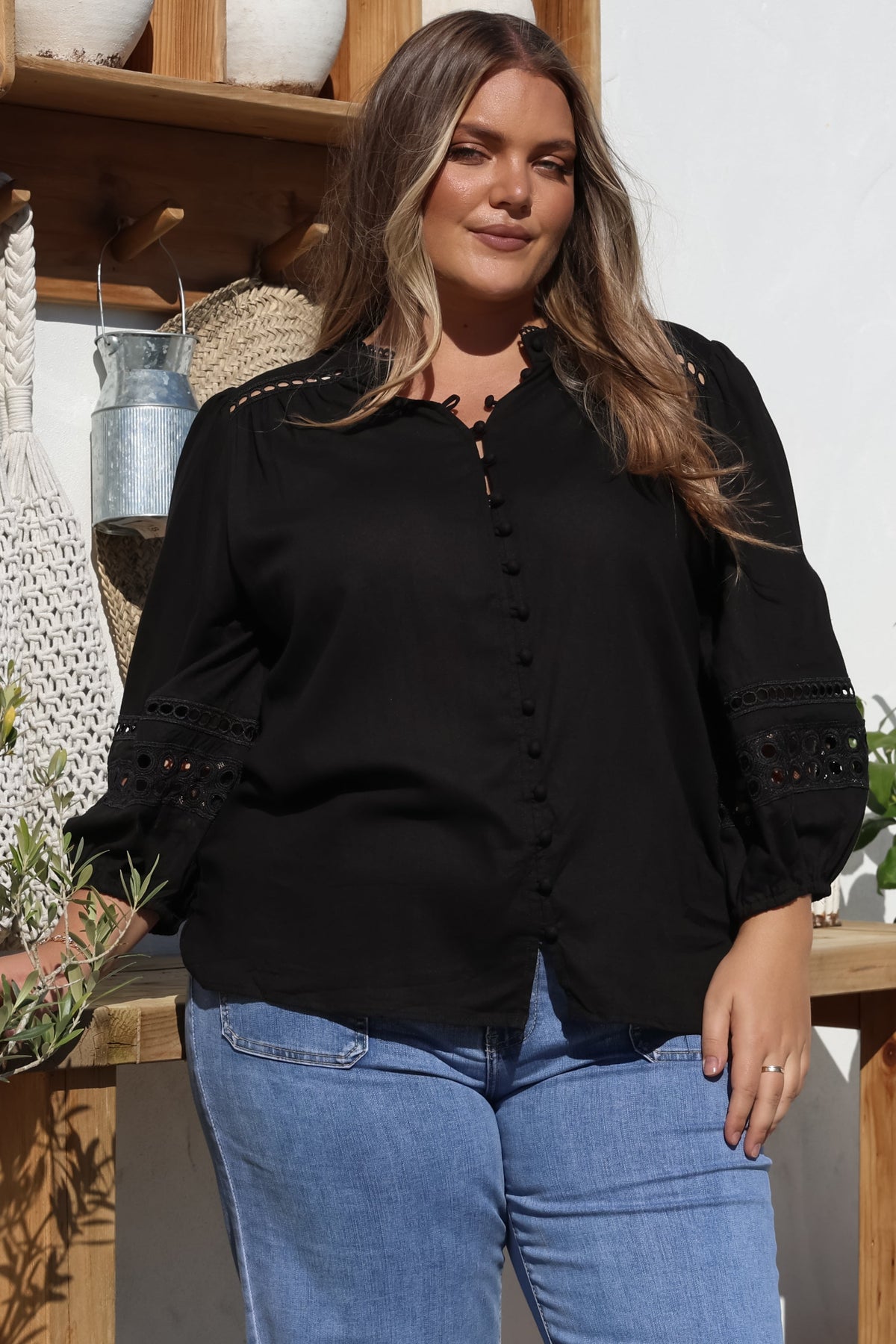 Alyce Shirt - Mandarin Collar Cut Out Detailed Sleeve Button Down in Black