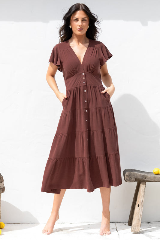 Amy Midi Dress - Flutter Cap Sleeve Buttoned Down V Neck Dress in Chocolate