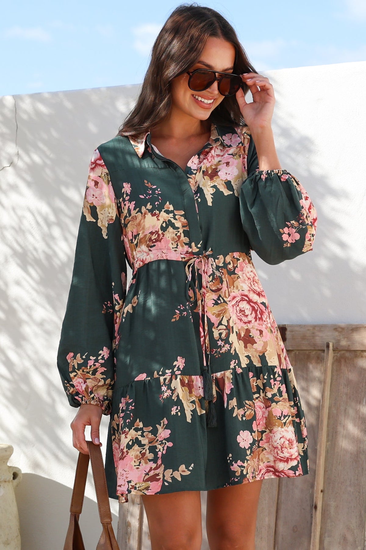 Anora Mini Dress - Collared Long Sleeve Dress with Pull Tie Waist in Vela Print Emerald