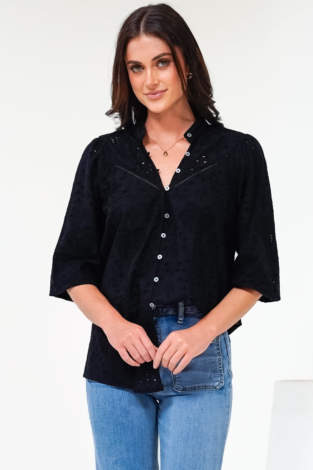 Ardena Blouse - Eyelet Embroidery Cotton Button Down with 3/4 Sleeves in Black
