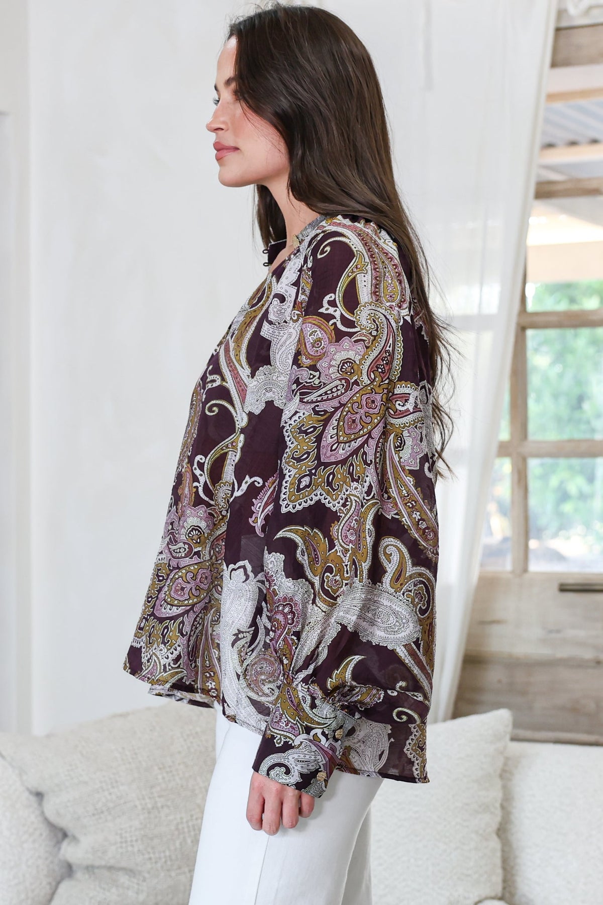 Ashbury Blouse - Mandarin Collar Button Down with Buttoned Cuff Sleeves in Woodstock Print