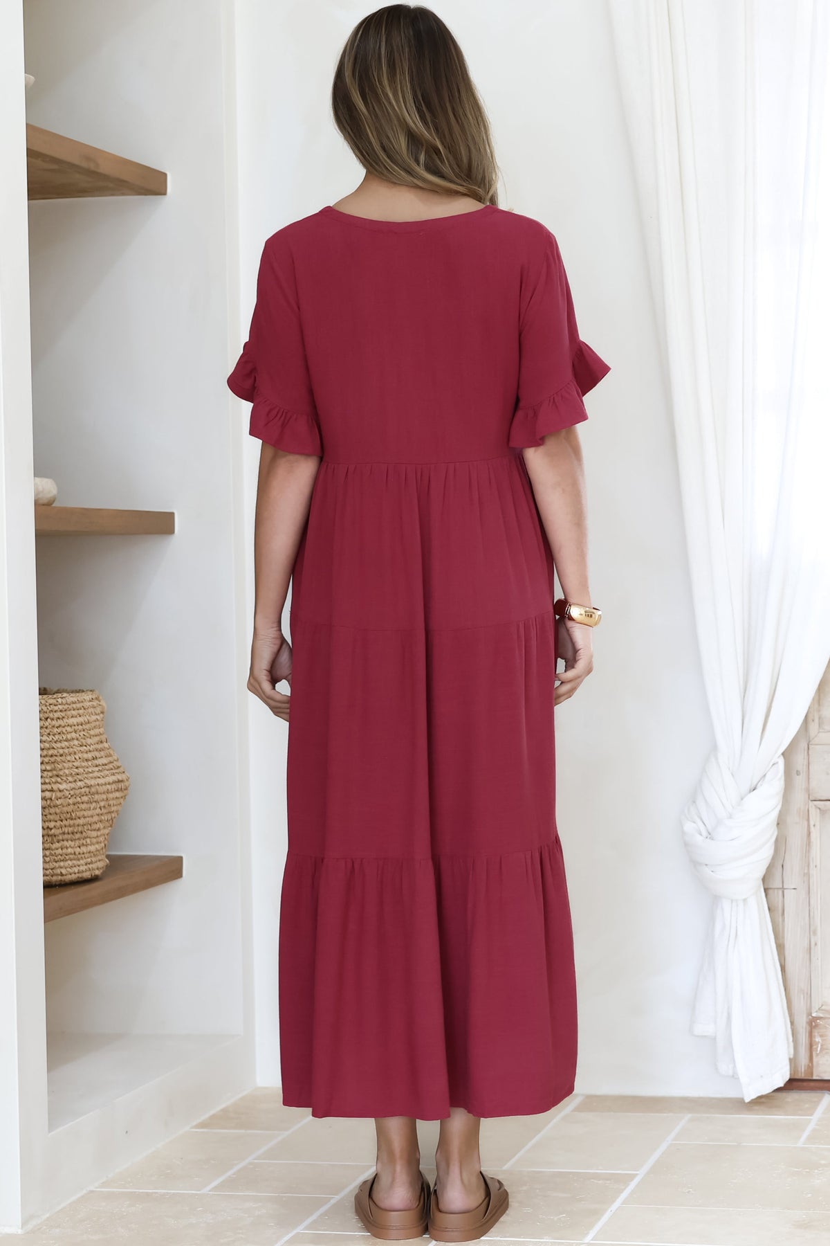 Audrina Midi Dress -  V-Neck Tiered Linen Dress with Pockets in Burgundy