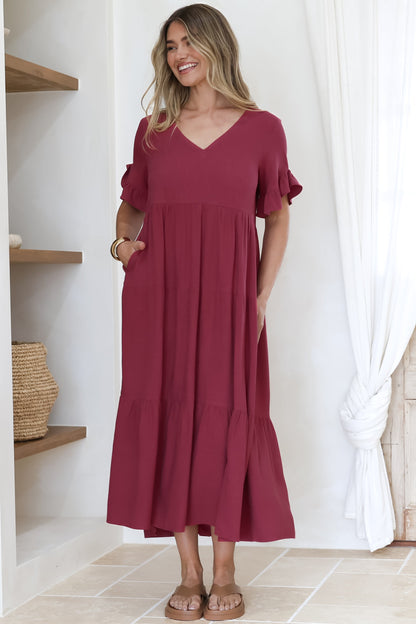 Audrina Midi Dress -  V-Neck Tiered Linen Dress with Pockets in Burgundy