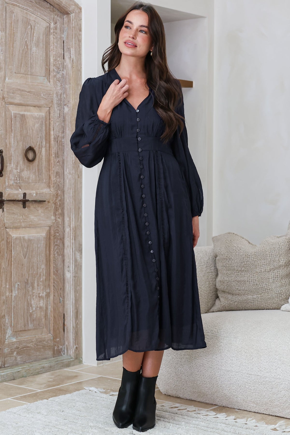 Aylon Midi Dress - Delicately Detailed Mandarin Collar Dress with Long Sleeves in Navy