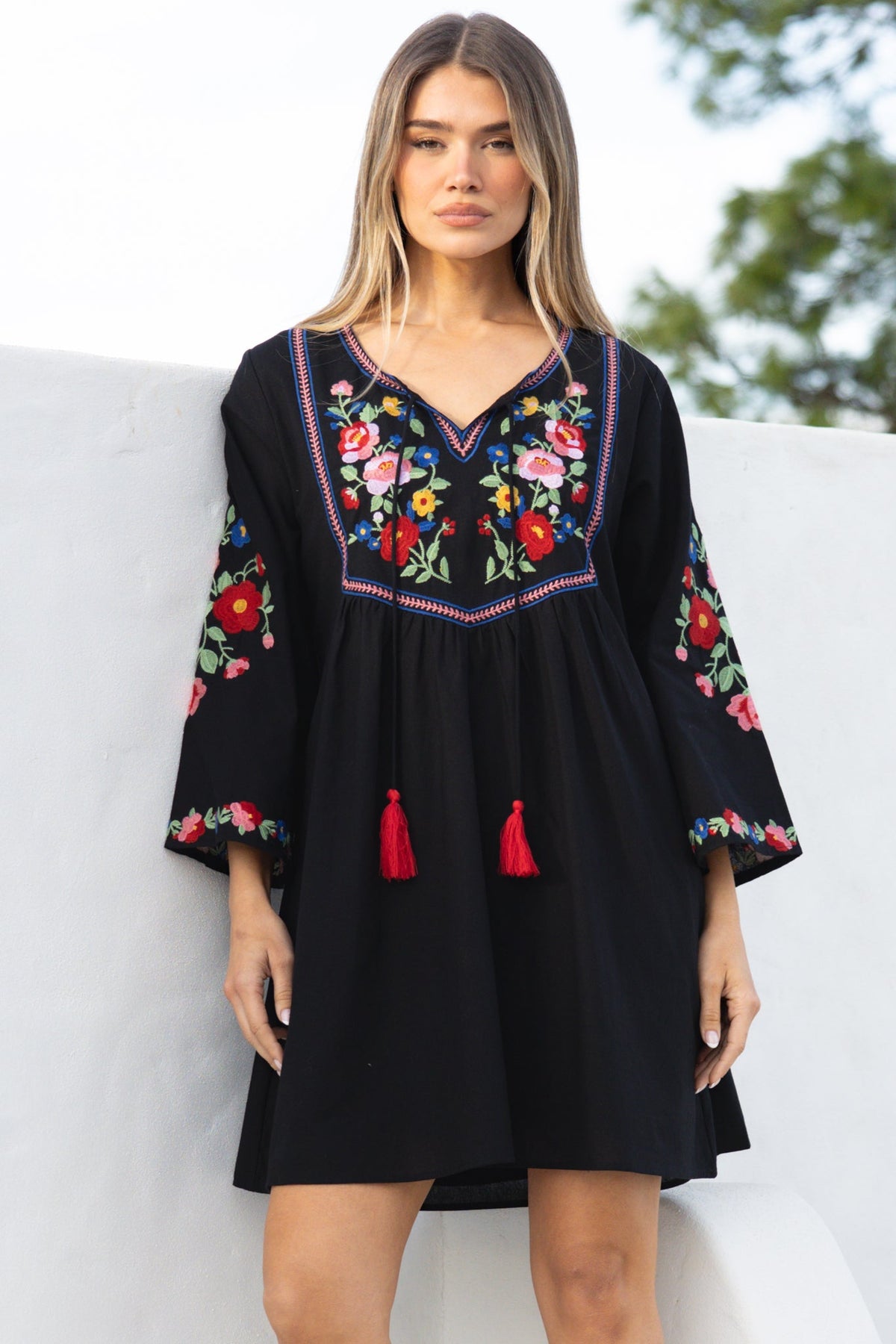 Azalea Mini Dress - Floral Embroidered Motif Shift Dress with Flute Sleeves in Black