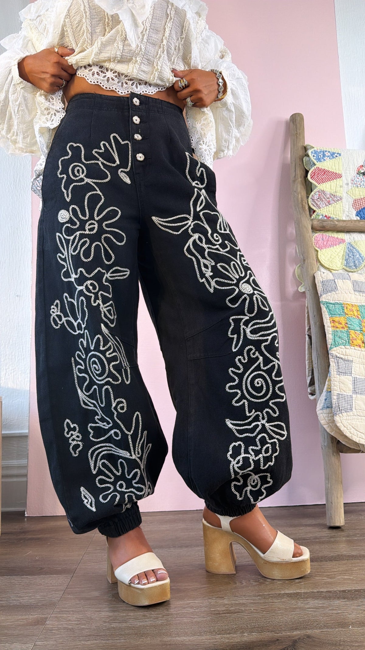 For The Love Of Floral Embroidered Denim Jogger, Black