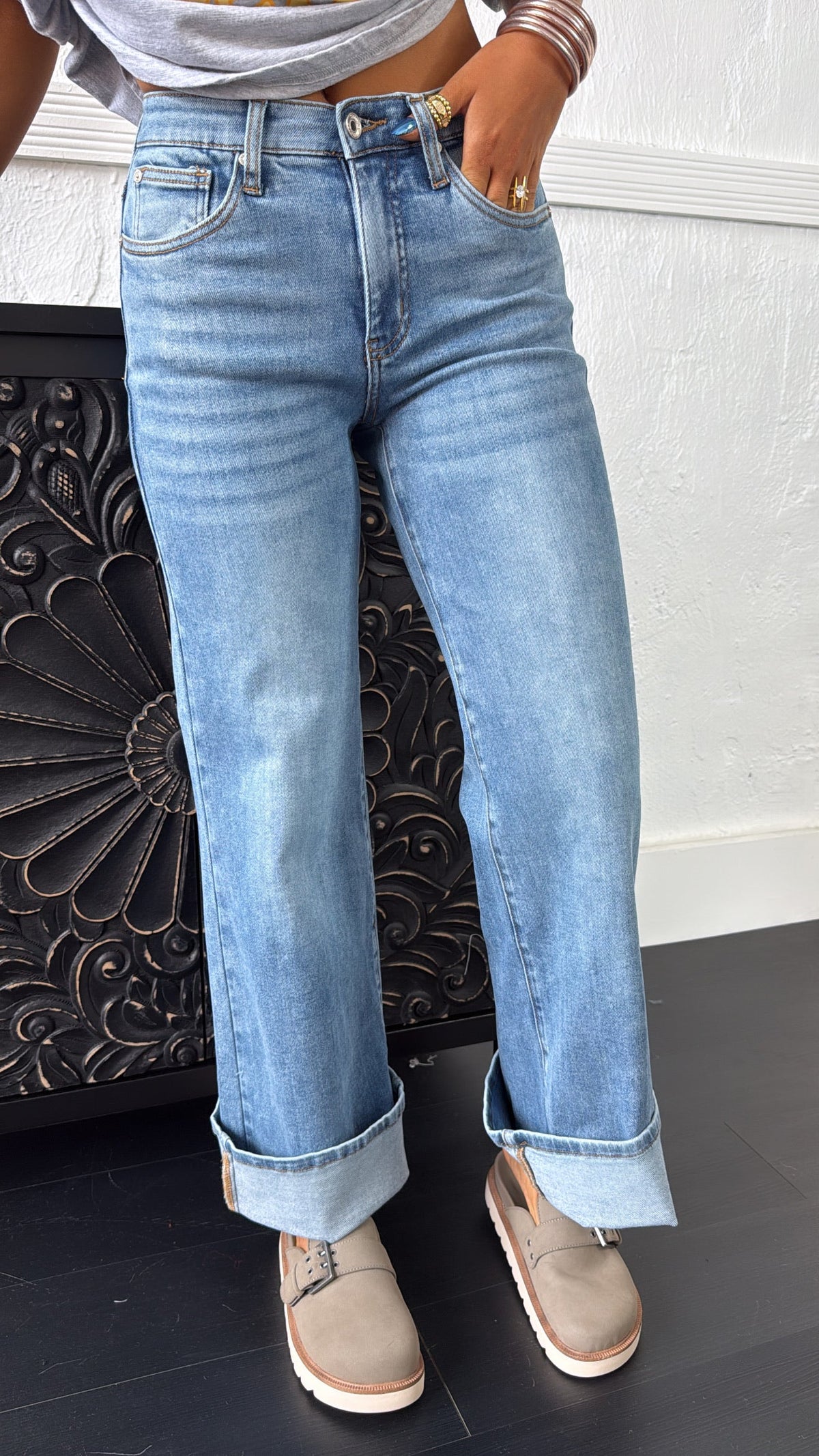 Navy Straight Leg Denim, Medium Wash