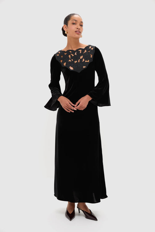 Accademia Black Velvet Bell Sleeve Catherine Maxi Dress